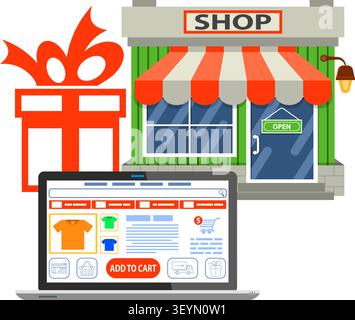 Online internet shopping concept with flat Icons for business marketing and advertising with shop, gift and tablet. Isolated vector illustration Stock Vector