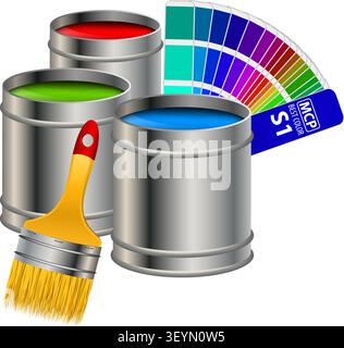 Cans of paint in RGB colors with Color Guide and Brush, vector concept Stock Vector