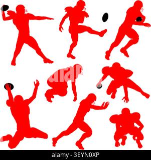 Set of Silhouettes of American Football Players in various Poses with the Ball, vector isolated on white background Stock Vector