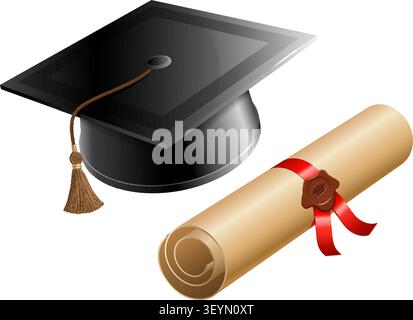 Education concept - Graduation Cap and Diploma. Vector isolated on white background. Stock Vector