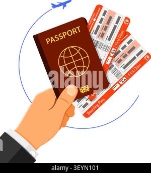 Vacation Travel and Tourism Concept with Flat Icons Aircraft, Hand with Passport and Tickets. Vector illustration Stock Vector
