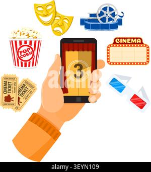 Concept online movie, man holding smartphone vertically in hand with curtain and countdown on screen, isolated vector flat icon illustration Stock Vector