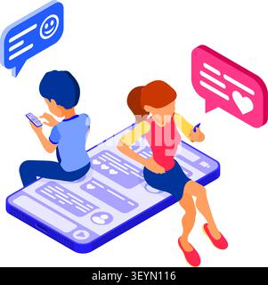isometric guy and girl chat in social networks send messages photos selfie call using smartphone. Online dating friendship virtual relationships. teen Stock Vector