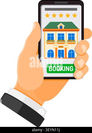 Vacation and Tourism Concept with flat icons. Man holding smartphone in hand and Online Booking Hotel. Isolated vector illustration Stock Vector