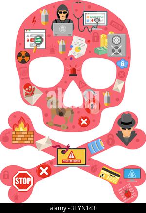 Internet Security Concept with Flat Icon Set for Flyer, Poster, Web Site, Printing Advertising Like Hacker, Virus, Spam and Thief. Stock Vector