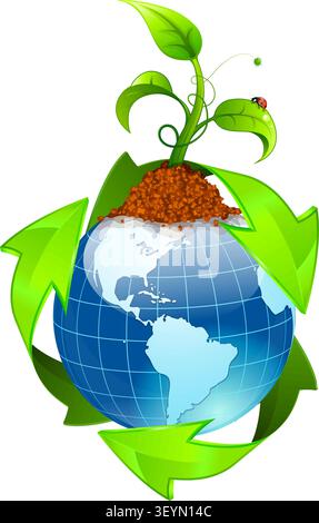 Earth with Environmental Arrows and Green Sprout, isolated on white icon, vector illustration Stock Vector