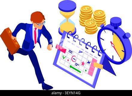 Planning schedule time management with stopwatch schedule calendar and hourglass businessman with briefcase in hurry before deadline time isometric in Stock Vector