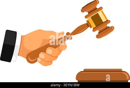 Wooden gavel judge or auctioneer in hand. concept auction, justice. isolated vector illustration Stock Vector