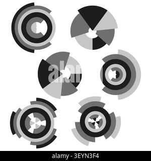 Radial segmented pie chart set features abstract greyscale geometry. Enhances business analytics presentation. eps 10 Stock Vector