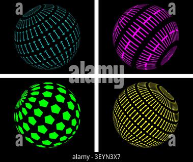 Vibrant geometric spheres with abstract patterns on a black background Stock Vector