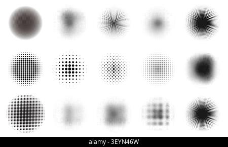 Set of black halftone dots backgrounds. vector modern dots halftone,Pop art comic style gradient circle halftone set Vector isolated on white backgrou Stock Vector