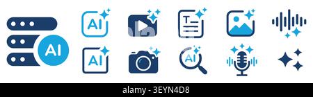 Set of modern flat vector icons related to artificial intelligence and digital technologies. Collection includes symbols of AI processing, media playb Stock Vector