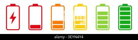 Battery level indicators. Colorful battery charge level icons. Battery power level pictograms in outline style. Battery level indicators. vector illus Stock Vector