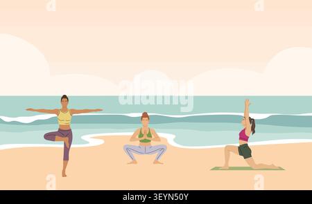 Three women practice yoga on a calm beach Stock Vector