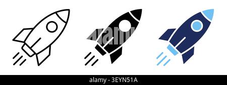 Modern rocket launch icon collection in different design styles including outline, solid glyph and flat color. Minimal vector illustration of startup Stock Vector
