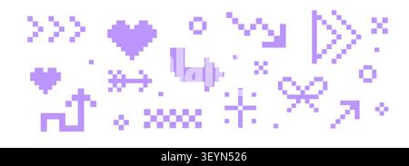 Retro pixel art arrow icons in 8 bit arcade style Y2K. Interface icon set. Geometric play buttons and retro game cursors. Trendy digital collection. Vector illustration Stock Vector