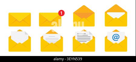 Message icon set. Closed, open and notification envelopes. Email message set for inbox, documents, contacts and postal communication tasks sign Stock Vector