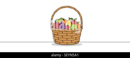 One line drawing of a wicker basket filled with fresh fruits. Continuous line art of a harvest basket banner. Editable stroke. Stock Vector