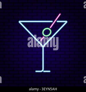 Neon cocktail glass sign. Retro glowing martini icon on dark brick wall background. Night club bar vector illustration. Stock Vector
