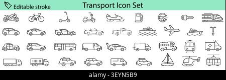 Transport icon set. Vehicles line icons with editable stroke. Logistics and transportation outline vector symbols Stock Vector