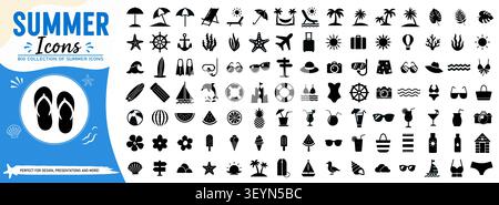 Summer icons mega collection. Big set of beach holiday and tropical vacation solid glyph silhouettes vector Stock Vector