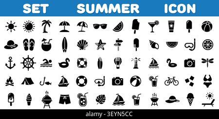Summer vacation icon set. Beach line icons, travel elements, tropical plants, sea food and cocktails silhouettes vector Stock Vector