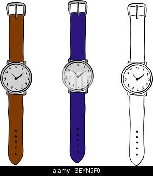 hand watch wristwatch icon. school icon colored hand drawn illustration. Vector graphic line ink art. For poster, invitation, backdrop, ad, sale promo Stock Vector