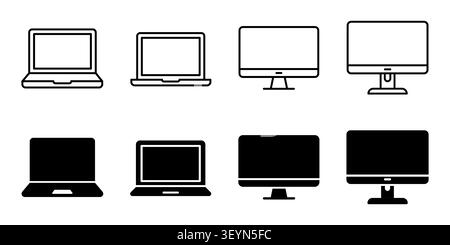 Computer and laptop vector icon set, thin line and solid glyph style isolated on white background Stock Vector