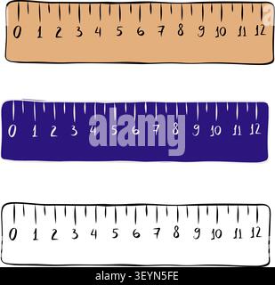 ruler school icon colored hand drawn illustration. Vector graphic line ink art. Ruler tool symbol, measuring tool. Drawing and creating blueprints, ed Stock Vector
