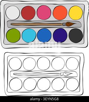 paints school icon colored hand drawn illustration. Vector graphic line ink art. for banners, print for fabric, labels, t-shirt printing. Sample poste Stock Vector