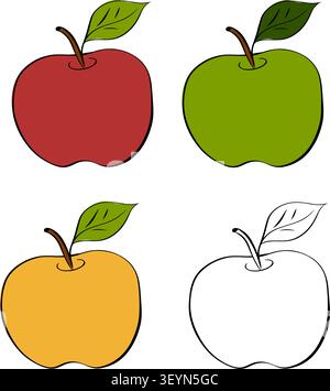 apple silhouette school icon colored hand drawn illustration. Vector graphic line ink art. Perfect for cafe logo, branding, packaging, labels, and mod Stock Vector