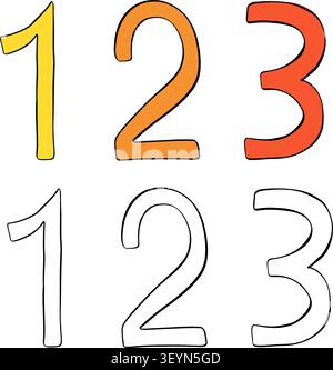 Number one, two, three. school icon colored hand drawn illustration. Vector graphic line ink art. Banner, poster, wrapping paper, sticker, print, mode Stock Vector