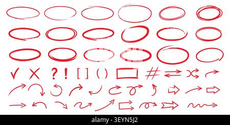 Red marker highlight vector set, hand-drawn circle arrows and correction marks isolated on white background Stock Vector