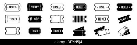Admission ticket icon set, minimalist black and white cinema concert event pass vector illustration isolated Stock Vector