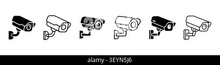 CCTV security camera icon set, thin line and solid black glyph vector illustration isolated on white background Stock Vector