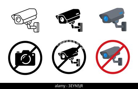 Security camera icon and video surveillance prohibition sign set, line art, glyph and flat vector style isolated Stock Vector