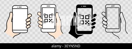 Hand holding smartphone icon set, scanning QR code on screen flat vector illustration isolated Stock Vector