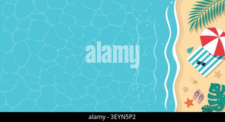 Summer beach top view vector background, tropical ocean water and sand coast banner illustration Stock Vector