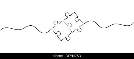 Continuous line puzzle icon representing teamwork and business solution. Editable stroke. Stock Vector