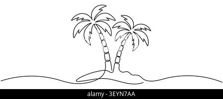 One line drawing of two palm trees on tropical island. Editable stroke. Stock Vector