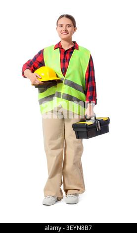 Young woman construction worker holding helmet and toolbox Stock Photo