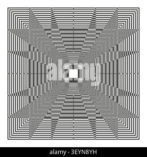 Geometric optical illusion features dense black white pattern. Creates hypnotic deep square tunnel. eps 10 Stock Vector