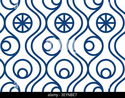 Minimalist abstract repeating background with blue wavy lines and circular geometric shapes. Stock Vector