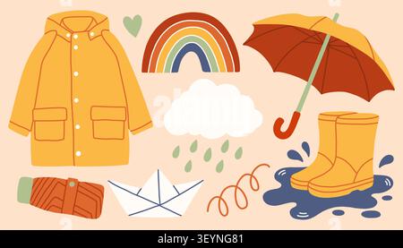A lovely autumn rainy day set featuring a yellow raincoat, umbrella, rainboots splashing in a puddle, a paper boat, a cloud, and a rainbow. Cozy flat Stock Vector