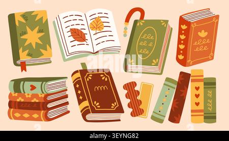 A charming set of vintage books, open novels with autumn leaves, stacked paperbacks, and decorative bookmarks. Perfect for cozy reading and library Stock Vector