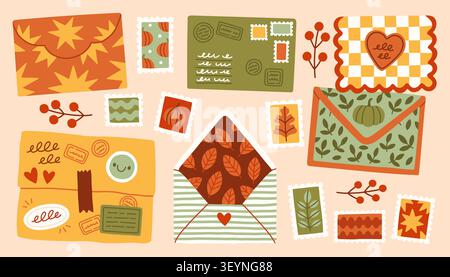 A sweet collection of autumn-themed envelopes, letters, and postage stamps patterned with pumpkins, fall leaves, stars, and hearts. Ideal for snail Stock Vector