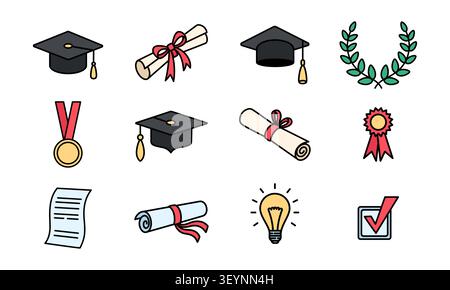 Graduation elements set - cap, folded graduate diploma, gold award cup, laurel wreath. University, college graduation concept. Doodle style vector Stock Vector