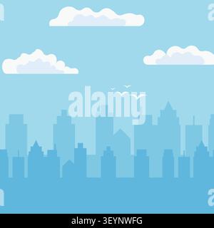 Minimalist flat vector city skyline background featuring soft blue buildings, clouds, and open sky. Ideal for banners, presentations, websites, and in Stock Vector