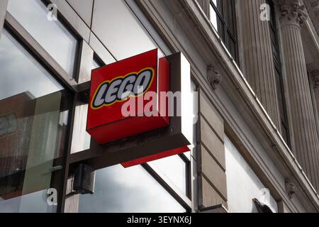 Lego store sign on a classic city building facade. London, UK, 16 July 2023 Stock Photo