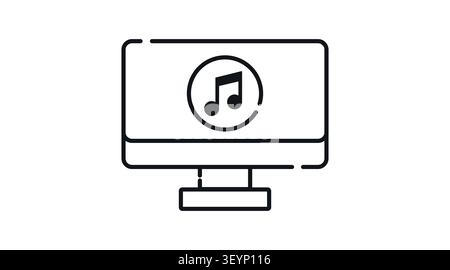 Laptop music and audio icon: portable notebook computer displaying digital musical note symbol on screen, minimalist black line art vector illustratio Stock Vector